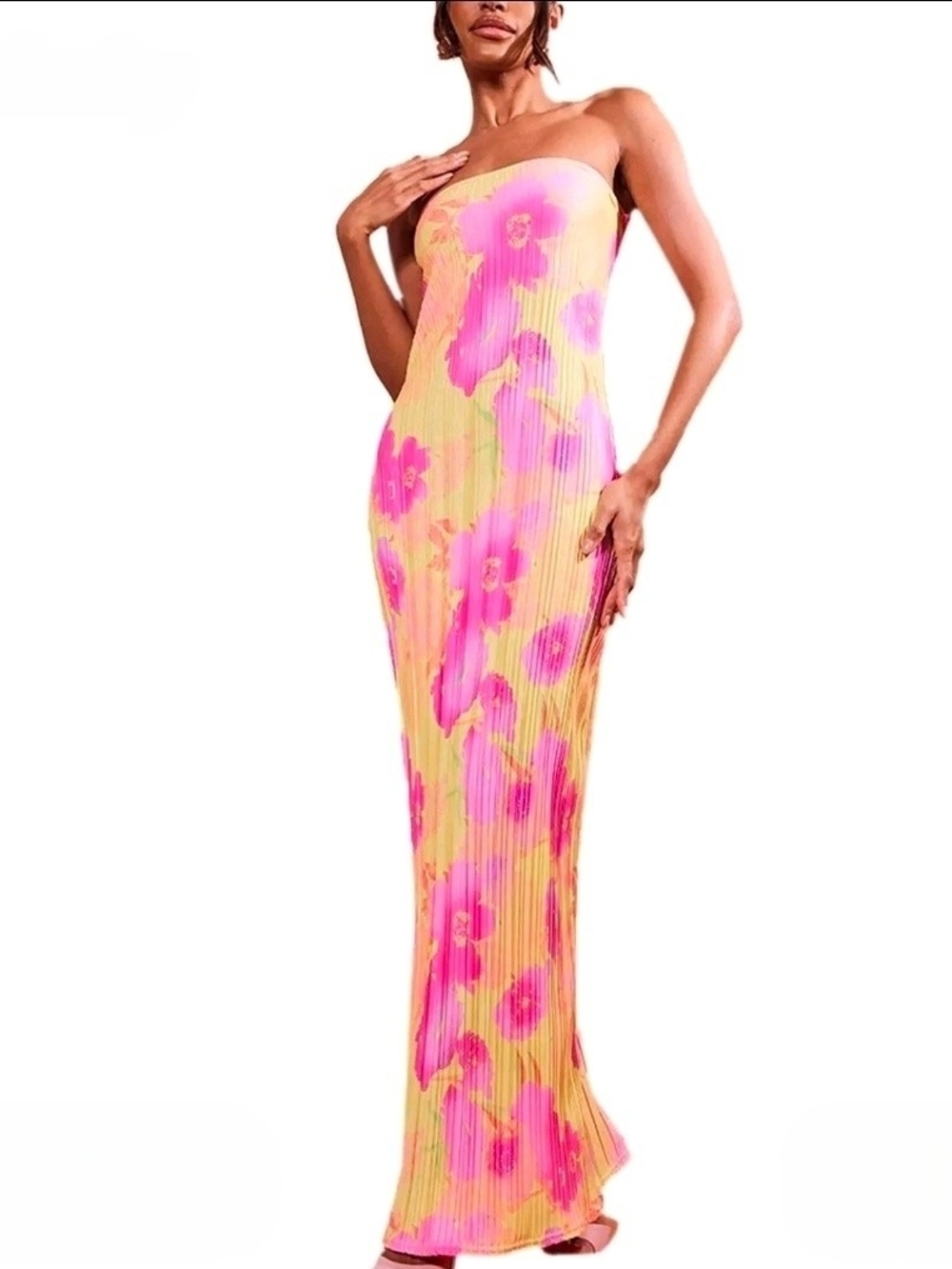 PrettyLittleThing Strapless Maxi Dress in Pink and Yellow Floral